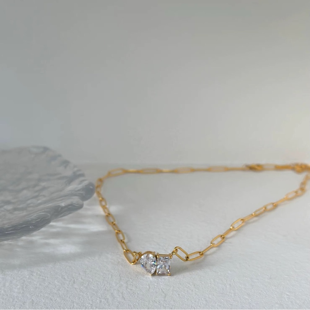 18K Gold Plated Heart and Square Cubic Zirconia Necklace - Picture 8 of 11